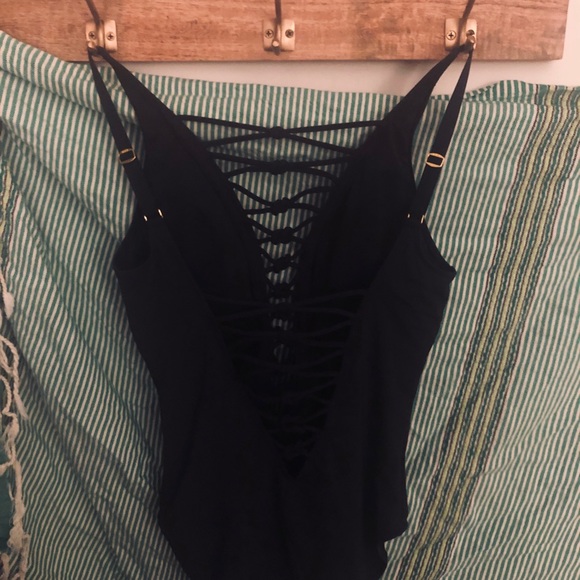 Lace Down Black One-Piece Swimsuit - Picture 4 of 4